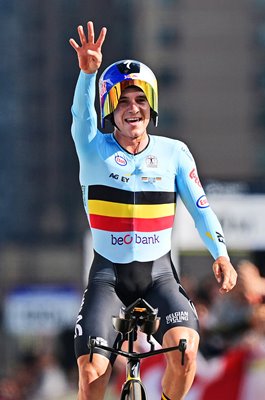 Remco Evenepoel Belgium celebrates 4th Time Trial World Gold Montreal 2026