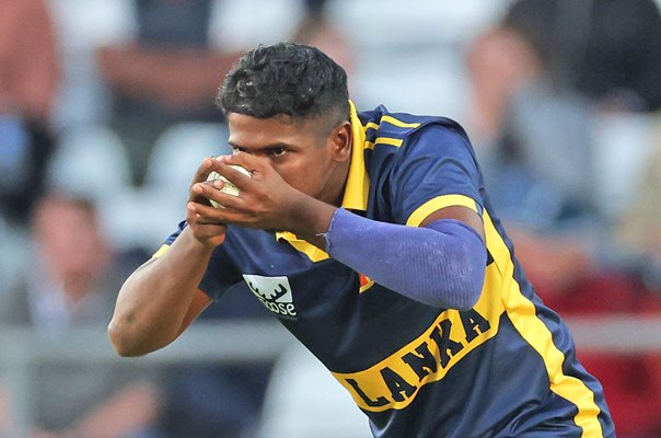 Sachindu Colombage bowls v England ODI Headingley 2026