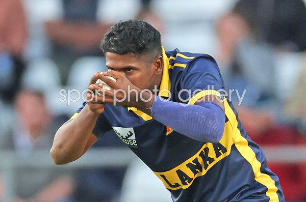 Sachindu Colombage bowls v England ODI Headingley 2026
