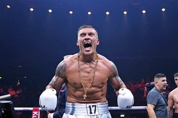 Oleksandr Usyk celebrates v Marco Huck World Boxing Super Series Berlin 2017