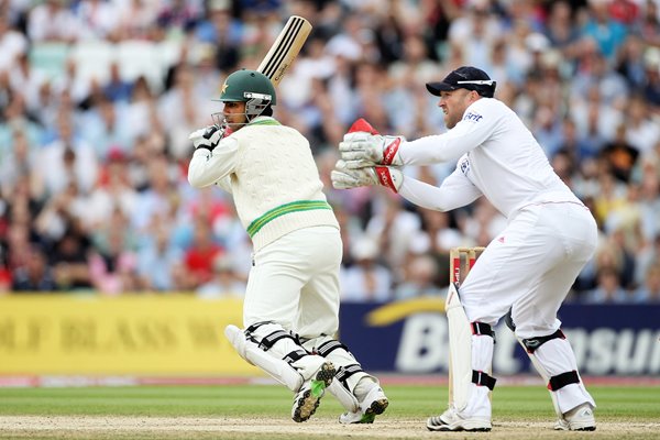 Salman Butt of Pakistan hits out watched by Matt Prior