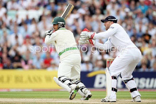 Salman Butt of Pakistan hits out watched by Matt Prior