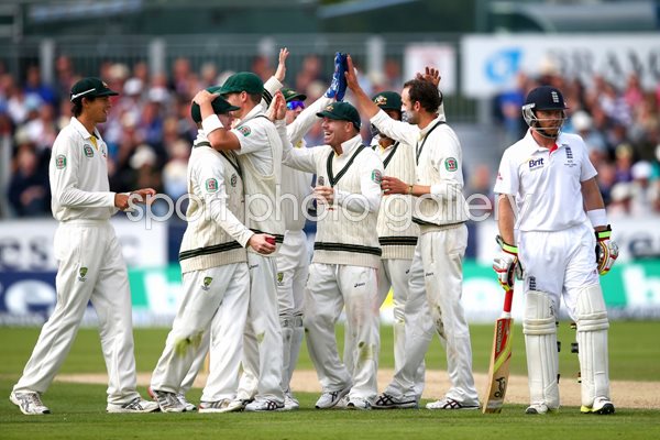 Nathan Lyon and Australia celebrate KP wicket Durham 2013