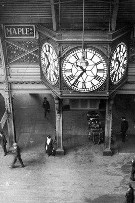 The giant clock at Paddington Station in London