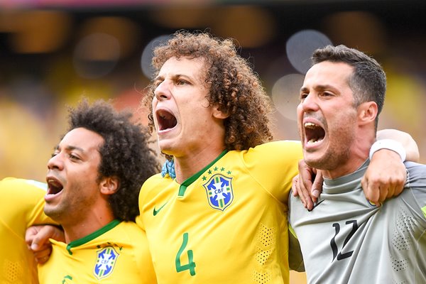 David Luiz with Marcelo and Julio Cesar Brazil v Mexico World Cup Brazil 2014