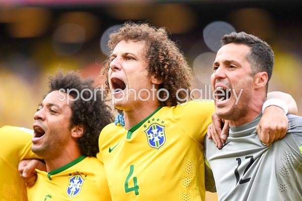 David Luiz with Marcelo and Julio Cesar Brazil v Mexico World Cup Brazil 2014