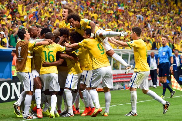 Brazil team celebrate goal 2014 World Cup