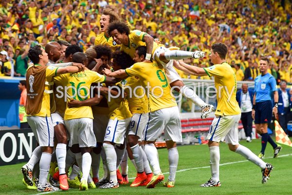 Brazil team celebrate goal 2014 World Cup