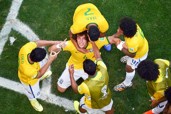 David Luiz Brazil celebrates goal v Chile 2014 World Cup