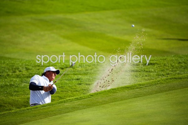 Phil Mickelson plays from bunker Ryder Cup