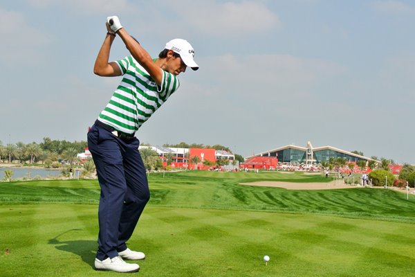 Matteo Manassero 9th tee Abu Dhabi Golf Club 2014
